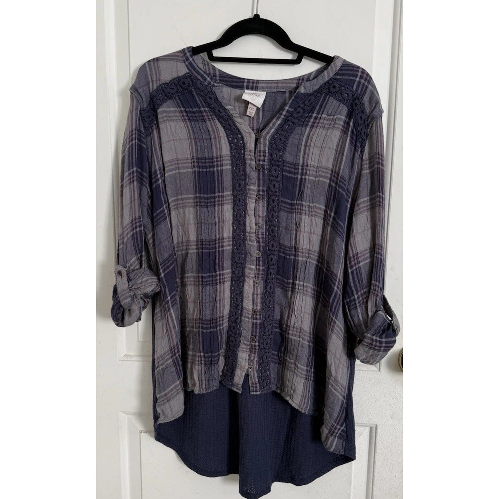 Knox Rose shirt Womens XXL Plaid Mixed Media Flannel Button Roll Tab sleeve Blue
